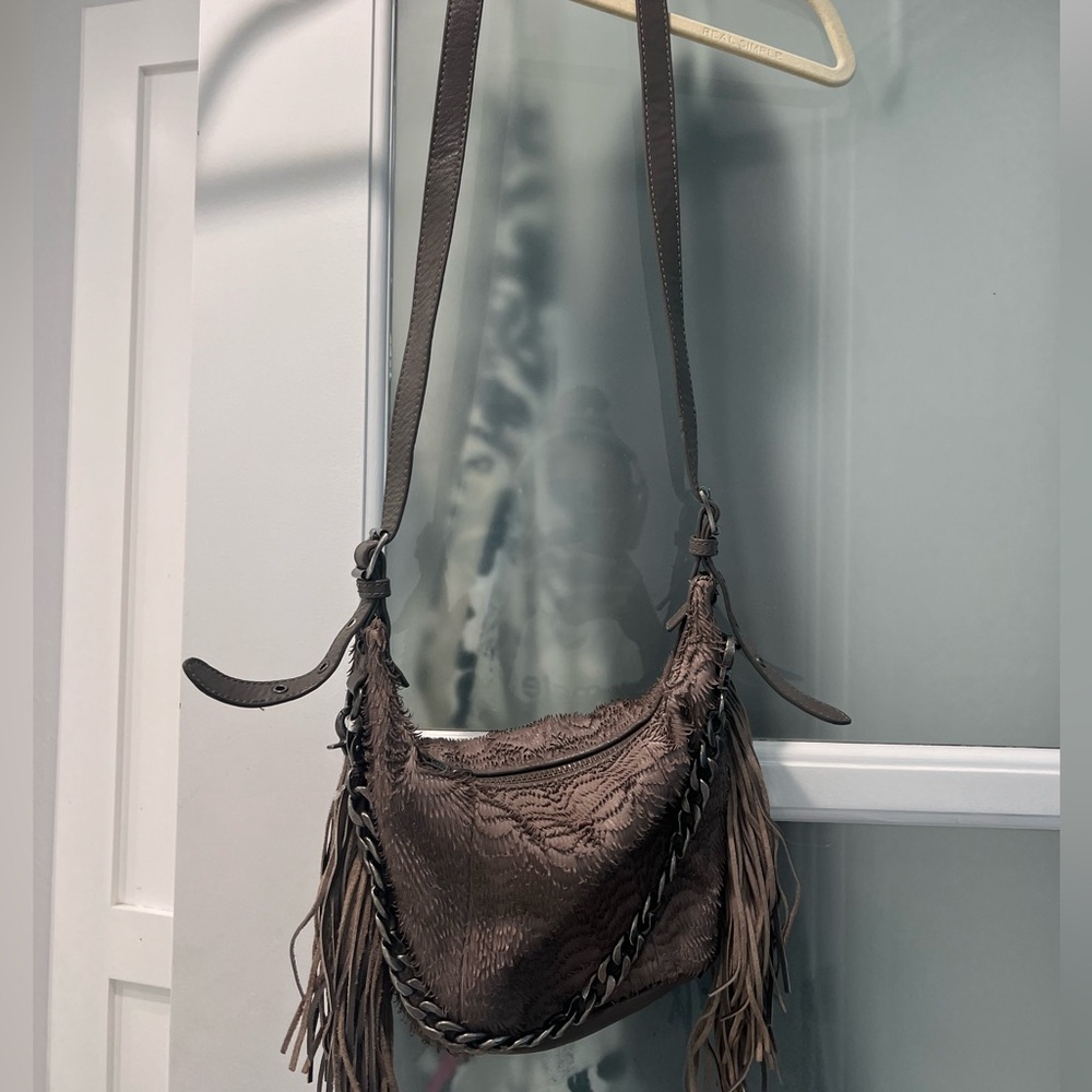 ASH Grey textured crossbody handbag with chain and fringe detail